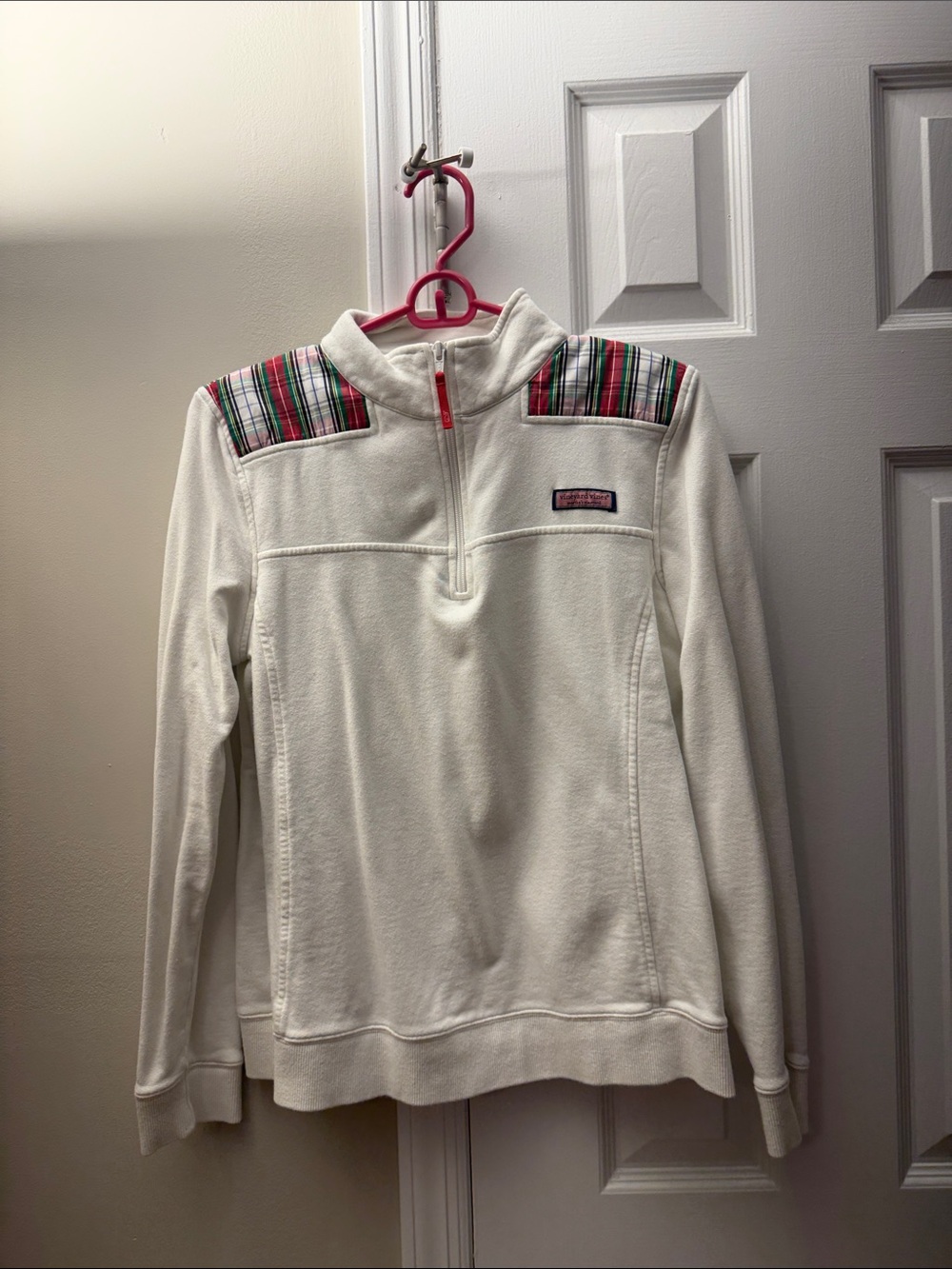 Vineyard Vines White Quarter-Zip Fleece Pullover with Red & Green Plaid Trim